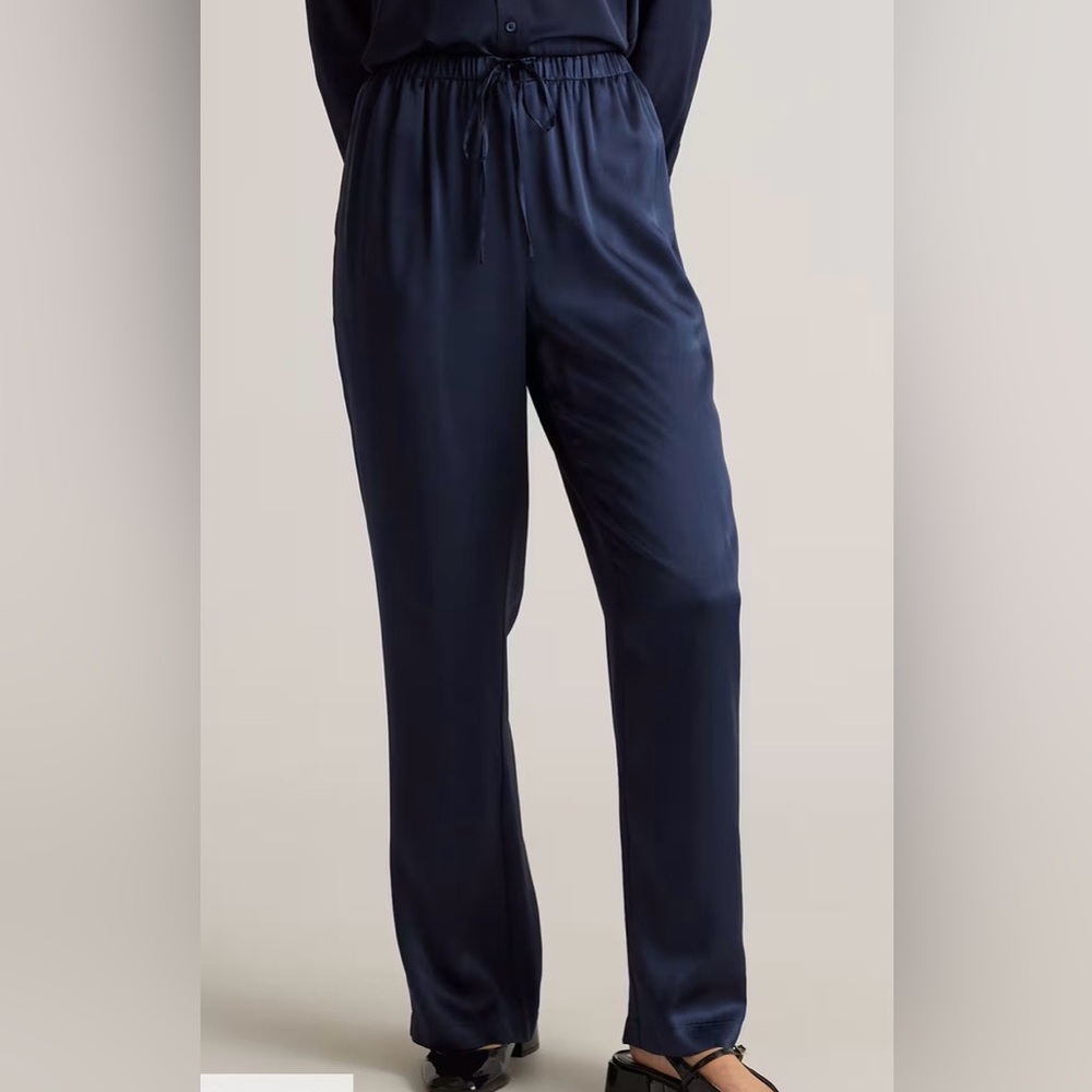 Quince 100% Washable Silk Drawstring Wide Leg Pants Navy
